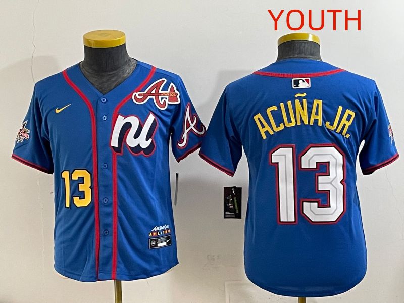 Youth 2025 Atlanta Braves 13 Acuna jr Blue All star Nike MLB Jersey style 1